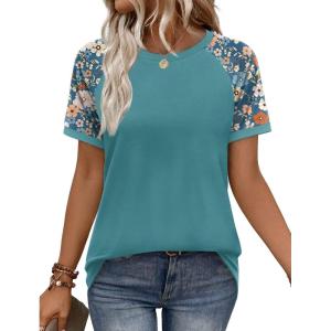 image:imageWIHOLL Womens Summer Tops Color Block Short Sleeve Raglan Shirts Spring Fashion Clothes Vacation OutfitsGraphic Blue
