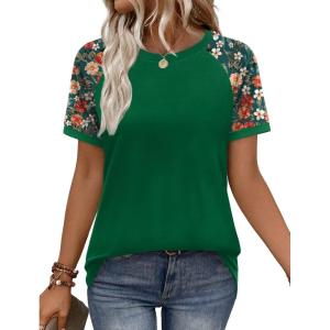 image:imageWIHOLL Womens Summer Tops Color Block Short Sleeve Raglan Shirts Spring Fashion Clothes Vacation OutfitsGraphic Green