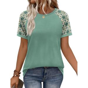 image:imageWIHOLL Womens Summer Tops Color Block Short Sleeve Raglan Shirts Spring Fashion Clothes Vacation OutfitsGraphic Light Green