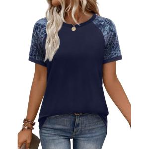 image:imageWIHOLL Womens Summer Tops Color Block Short Sleeve Raglan Shirts Spring Fashion Clothes Vacation OutfitsGraphic Navy