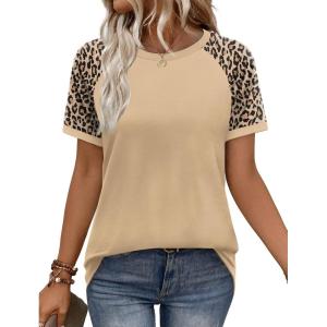 image:imageWIHOLL Womens Summer Tops Color Block Short Sleeve Raglan Shirts Spring Fashion Clothes Vacation OutfitsLeopard Khaki