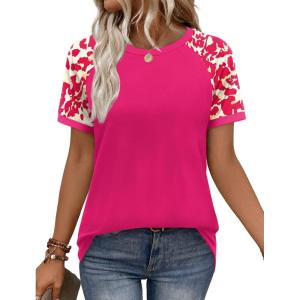 image:imageWIHOLL Womens Summer Tops Color Block Short Sleeve Raglan Shirts Spring Fashion Clothes Vacation OutfitsLeopard Pink