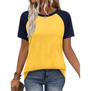 image:imageWIHOLL Womens Summer Tops Color Block Short Sleeve Raglan Shirts Spring Fashion Clothes Vacation OutfitsNavy Yellow