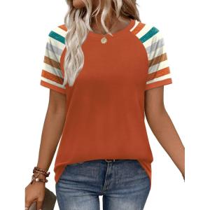 image:imageWIHOLL Womens Summer Tops Color Block Short Sleeve Raglan Shirts Spring Fashion Clothes Vacation OutfitsStriped Orange