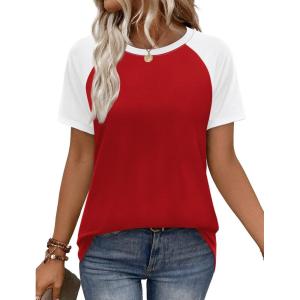 image:imageWIHOLL Womens Summer Tops Color Block Short Sleeve Raglan Shirts Spring Fashion Clothes Vacation OutfitsWhite Red
