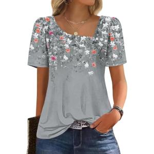 image:imageWIHOLL Womens Summer Tops Short Sleeve Shirts Square Neck Spring Outfits 2026 Fashion Clothing BlousesFloral Grey