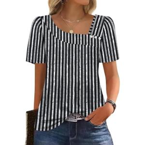 image:imageWIHOLL Womens Summer Tops Short Sleeve Shirts Square Neck Spring Outfits 2026 Fashion Clothing BlousesStripes Black