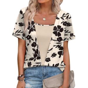image:imageWIHOLL Womens Summer Tops Trendy 2 in 1 Blouses Short Sleeve Shirts Casual T Shirts Beach Vacation ClothesBeige Floral