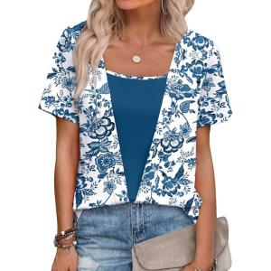image:imageWIHOLL Womens Summer Tops Trendy 2 in 1 Blouses Short Sleeve Shirts Casual T Shirts Beach Vacation ClothesBlue Ethnic Floral