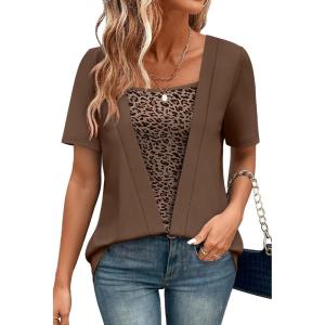 image:imageWIHOLL Womens Summer Tops Trendy 2 in 1 Blouses Short Sleeve Shirts Casual T Shirts Beach Vacation ClothesBrown Leopard Print