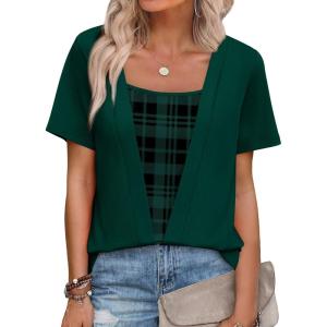 image:imageWIHOLL Womens Summer Tops Trendy 2 in 1 Blouses Short Sleeve Shirts Casual T Shirts Beach Vacation ClothesDark Green