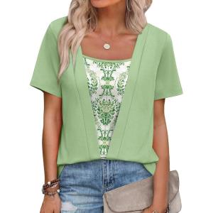 image:imageWIHOLL Womens Summer Tops Trendy 2 in 1 Blouses Short Sleeve Shirts Casual T Shirts Beach Vacation ClothesGreen Floral