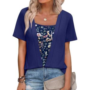 image:imageWIHOLL Womens Summer Tops Trendy 2 in 1 Blouses Short Sleeve Shirts Casual T Shirts Beach Vacation ClothesNavy Floral