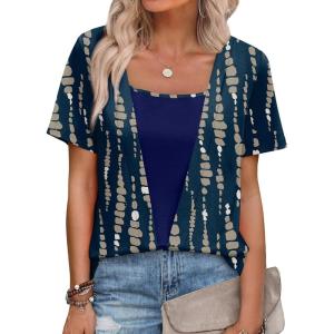 image:imageWIHOLL Womens Summer Tops Trendy 2 in 1 Blouses Short Sleeve Shirts Casual T Shirts Beach Vacation ClothesNavy Print