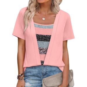 image:imageWIHOLL Womens Summer Tops Trendy 2 in 1 Blouses Short Sleeve Shirts Casual T Shirts Beach Vacation ClothesPink Stripe