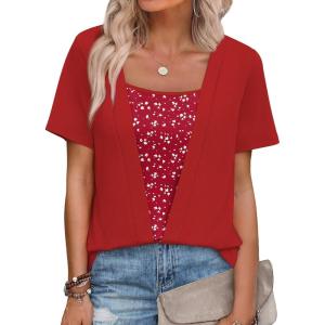 image:imageWIHOLL Womens Summer Tops Trendy 2 in 1 Blouses Short Sleeve Shirts Casual T Shirts Beach Vacation ClothesRed Polka Dots