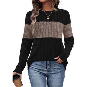 image:imageWIHOLL Womens Sweaters Trendy Color Block Tops Long Sleeve Shirts Fall Outfits Early Fall Fashion 2025 Winter ClothingCoffee