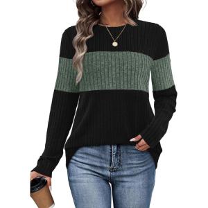 image:imageWIHOLL Womens Sweaters Trendy Color Block Tops Long Sleeve Shirts Fall Outfits Early Fall Fashion 2025 Winter ClothingGreen