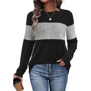 image:imageWIHOLL Womens Sweaters Trendy Color Block Tops Long Sleeve Shirts Fall Outfits Early Fall Fashion 2025 Winter ClothingGrey
