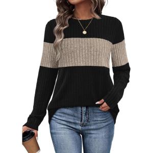 image:imageWIHOLL Womens Sweaters Trendy Color Block Tops Long Sleeve Shirts Fall Outfits Early Fall Fashion 2025 Winter ClothingKhaki