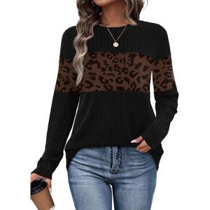 image:imageWIHOLL Womens Sweaters Trendy Color Block Tops Long Sleeve Shirts Fall Outfits Early Fall Fashion 2025 Winter ClothingLeopard