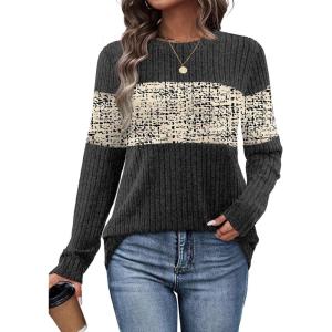 image:imageWIHOLL Womens Sweaters Trendy Color Block Tops Long Sleeve Shirts Fall Outfits Early Fall Fashion 2025 Winter ClothingUnique Beige Print