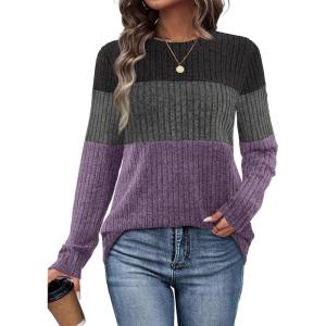 image:imageWIHOLL Womens Sweaters Trendy Color Block Tops Long Sleeve Shirts Fall Outfits Early Fall Fashion 2025 Winter ClothingUnique Grey Purple