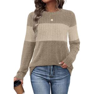 image:imageWIHOLL Womens Sweaters Trendy Color Block Tops Long Sleeve Shirts Fall Outfits Early Fall Fashion 2025 Winter ClothingUnique Khaki Apricot
