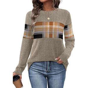 image:imageWIHOLL Womens Sweaters Trendy Color Block Tops Long Sleeve Shirts Fall Outfits Early Fall Fashion 2025 Winter ClothingUnique Plaid Brown