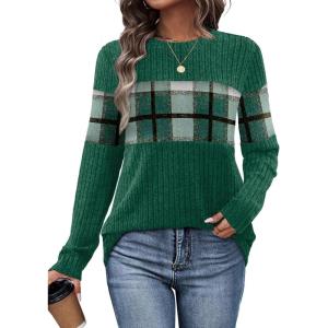 image:imageWIHOLL Womens Sweaters Trendy Color Block Tops Long Sleeve Shirts Fall Outfits Early Fall Fashion 2025 Winter ClothingUnique Plaid Green