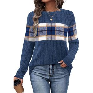 image:imageWIHOLL Womens Sweaters Trendy Color Block Tops Long Sleeve Shirts Fall Outfits Early Fall Fashion 2025 Winter ClothingUnique Plaid Navy