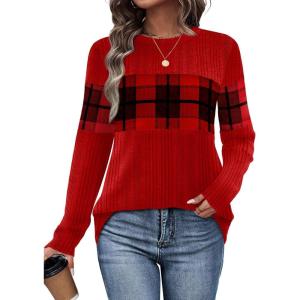 image:imageWIHOLL Womens Sweaters Trendy Color Block Tops Long Sleeve Shirts Fall Outfits Early Fall Fashion 2025 Winter ClothingUnique Plaid Red