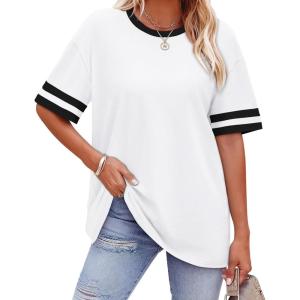 image:imageWIHOLL Womens T Shirts Loose Fit Short Sleeve Tees Crew Neck Color Block Summer Tops 2026 Fashion01  White