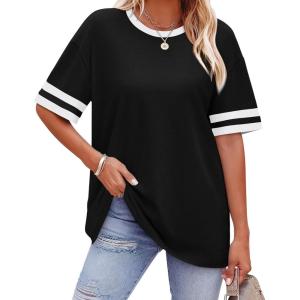 image:imageWIHOLL Womens T Shirts Loose Fit Short Sleeve Tees Crew Neck Color Block Summer Tops 2026 Fashion02  Black