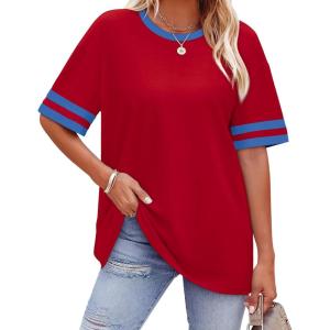 image:imageWIHOLL Womens T Shirts Loose Fit Short Sleeve Tees Crew Neck Color Block Summer Tops 2026 Fashion03  Red1