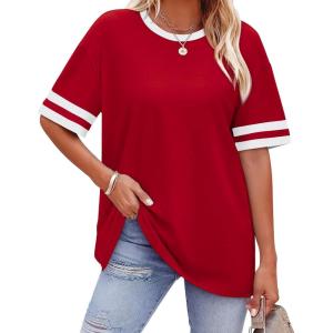 image:imageWIHOLL Womens T Shirts Loose Fit Short Sleeve Tees Crew Neck Color Block Summer Tops 2026 Fashion03  Red2