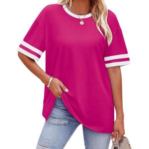 image:imageWIHOLL Womens T Shirts Loose Fit Short Sleeve Tees Crew Neck Color Block Summer Tops 2026 Fashion05  Pink