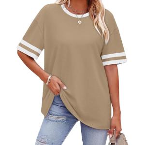 image:imageWIHOLL Womens T Shirts Loose Fit Short Sleeve Tees Crew Neck Color Block Summer Tops 2026 Fashion07  Khaki