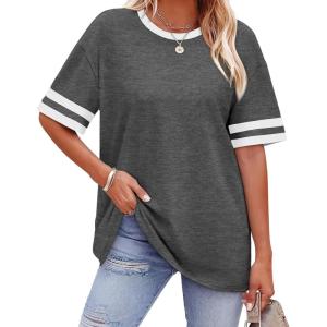 image:imageWIHOLL Womens T Shirts Loose Fit Short Sleeve Tees Crew Neck Color Block Summer Tops 2026 Fashion08  Grey
