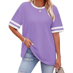 image:imageWIHOLL Womens T Shirts Loose Fit Short Sleeve Tees Crew Neck Color Block Summer Tops 2026 Fashion10  Purple