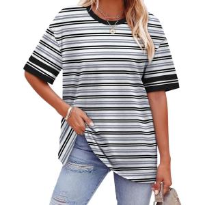 image:imageWIHOLL Womens T Shirts Loose Fit Short Sleeve Tees Crew Neck Color Block Summer Tops 2026 FashionBlack and Gray Striped