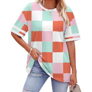 image:imageWIHOLL Womens T Shirts Loose Fit Short Sleeve Tees Crew Neck Color Block Summer Tops 2026 FashionBlue and Pink Color Block