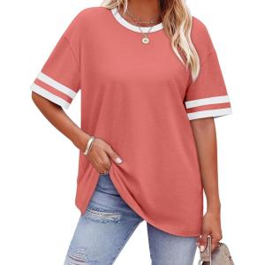 image:imageWIHOLL Womens T Shirts Loose Fit Short Sleeve Tees Crew Neck Color Block Summer Tops 2026 FashionCoral