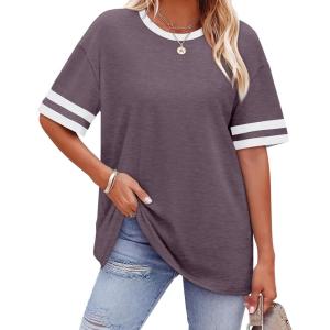 image:imageWIHOLL Womens T Shirts Loose Fit Short Sleeve Tees Crew Neck Color Block Summer Tops 2026 FashionGray Purple