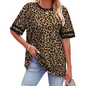 image:imageWIHOLL Womens T Shirts Loose Fit Short Sleeve Tees Crew Neck Color Block Summer Tops 2026 FashionLeopard Print