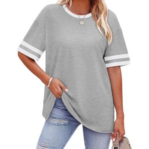 image:imageWIHOLL Womens T Shirts Loose Fit Short Sleeve Tees Crew Neck Color Block Summer Tops 2026 FashionLight Grey