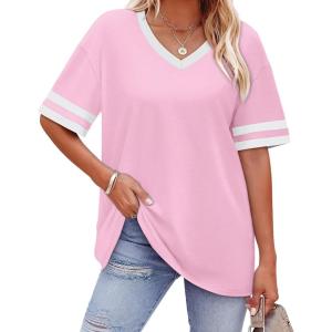 image:imageWIHOLL Womens T Shirts Loose Fit Short Sleeve Tees V Neck Color Block Summer Tops 2026 Fashion S4XL03  Pink