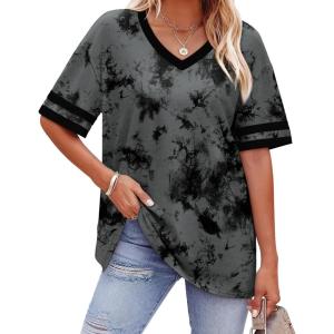 image:imageWIHOLL Womens T Shirts Loose Fit Short Sleeve Tees V Neck Color Block Summer Tops 2026 Fashion S4XL04  Grey Tie Dye