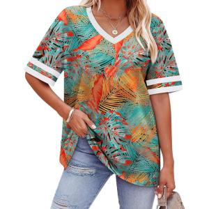 image:imageWIHOLL Womens T Shirts Loose Fit Short Sleeve Tees V Neck Color Block Summer Tops 2026 Fashion S4XL04  Hawaii Orange Blue