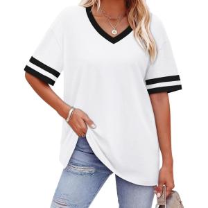 image:imageWIHOLL Womens T Shirts Loose Fit Short Sleeve Tees V Neck Color Block Summer Tops 2026 Fashion S4XL04  White